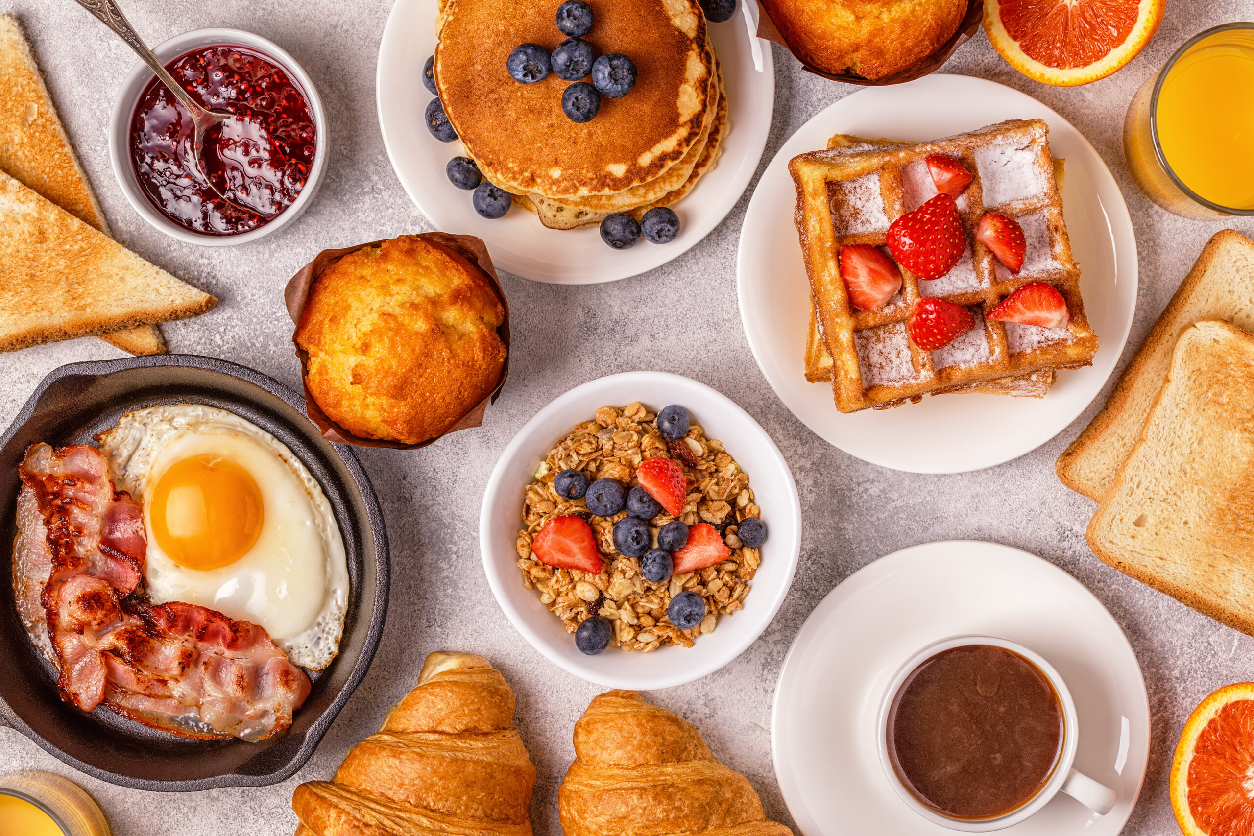 Delicious brunch on a light table.