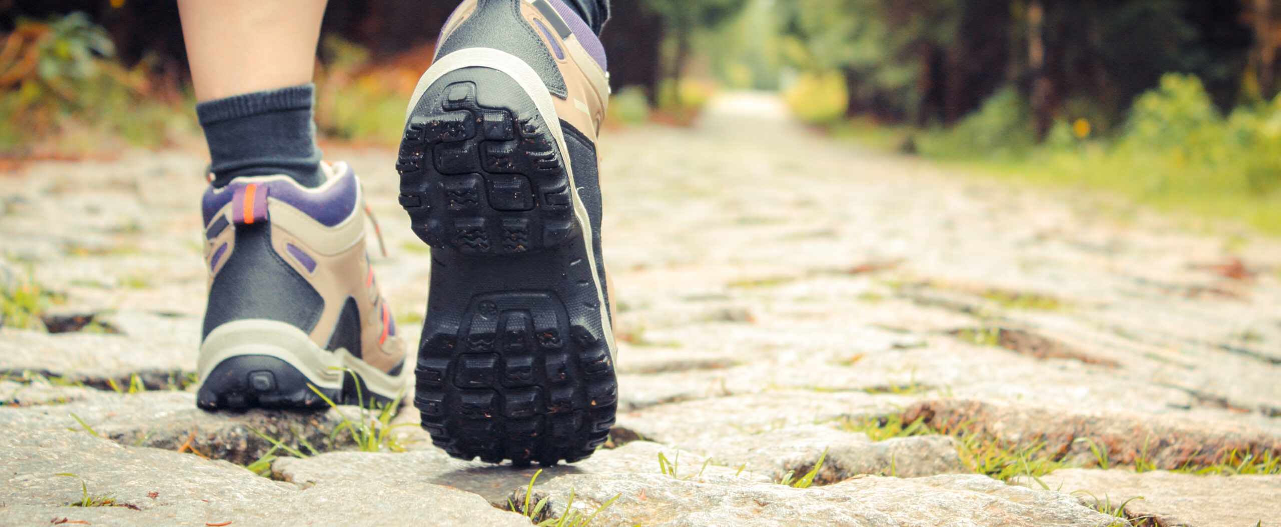 Legs of woman in hiking boots in outdoor action on a tourist trail