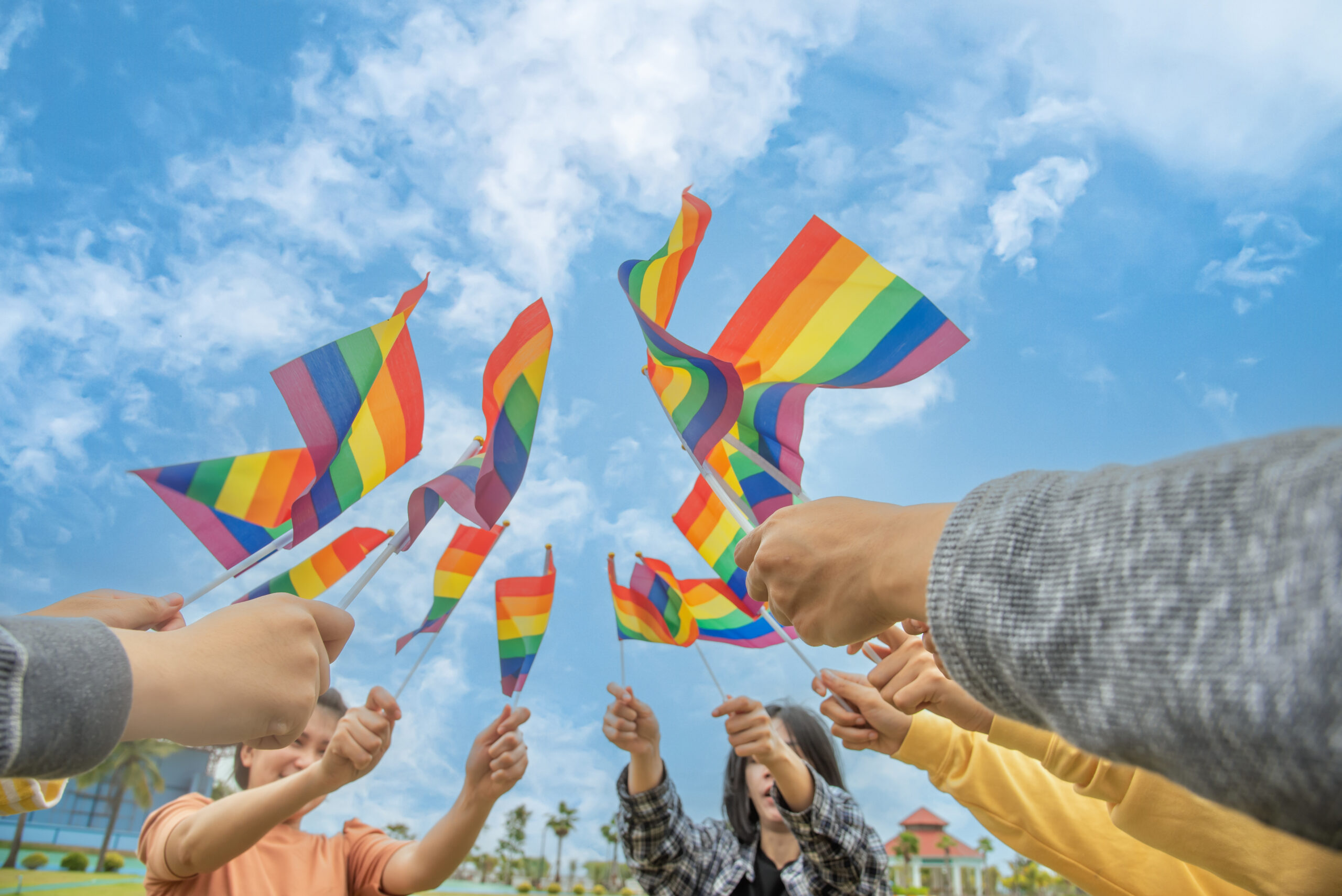 People Holding Rainbow Flags Upward 