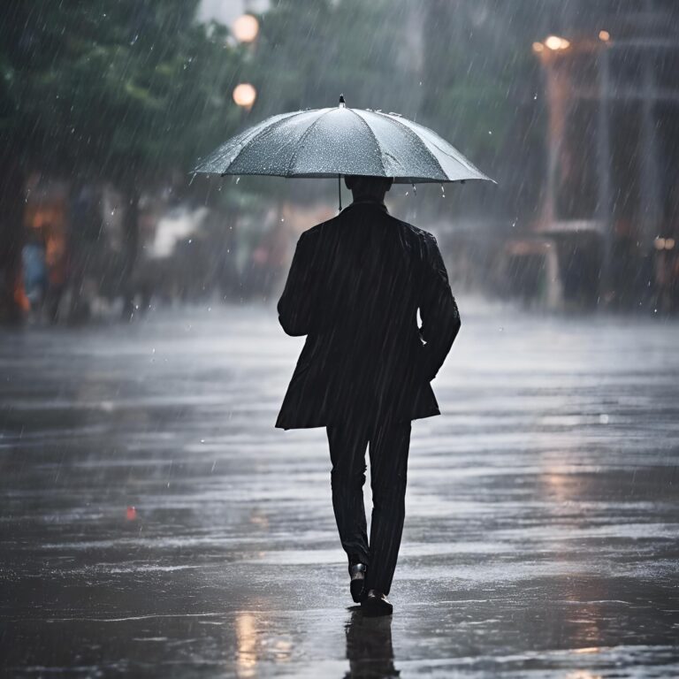 Person Walking Under Umbrella In The Rain At Night