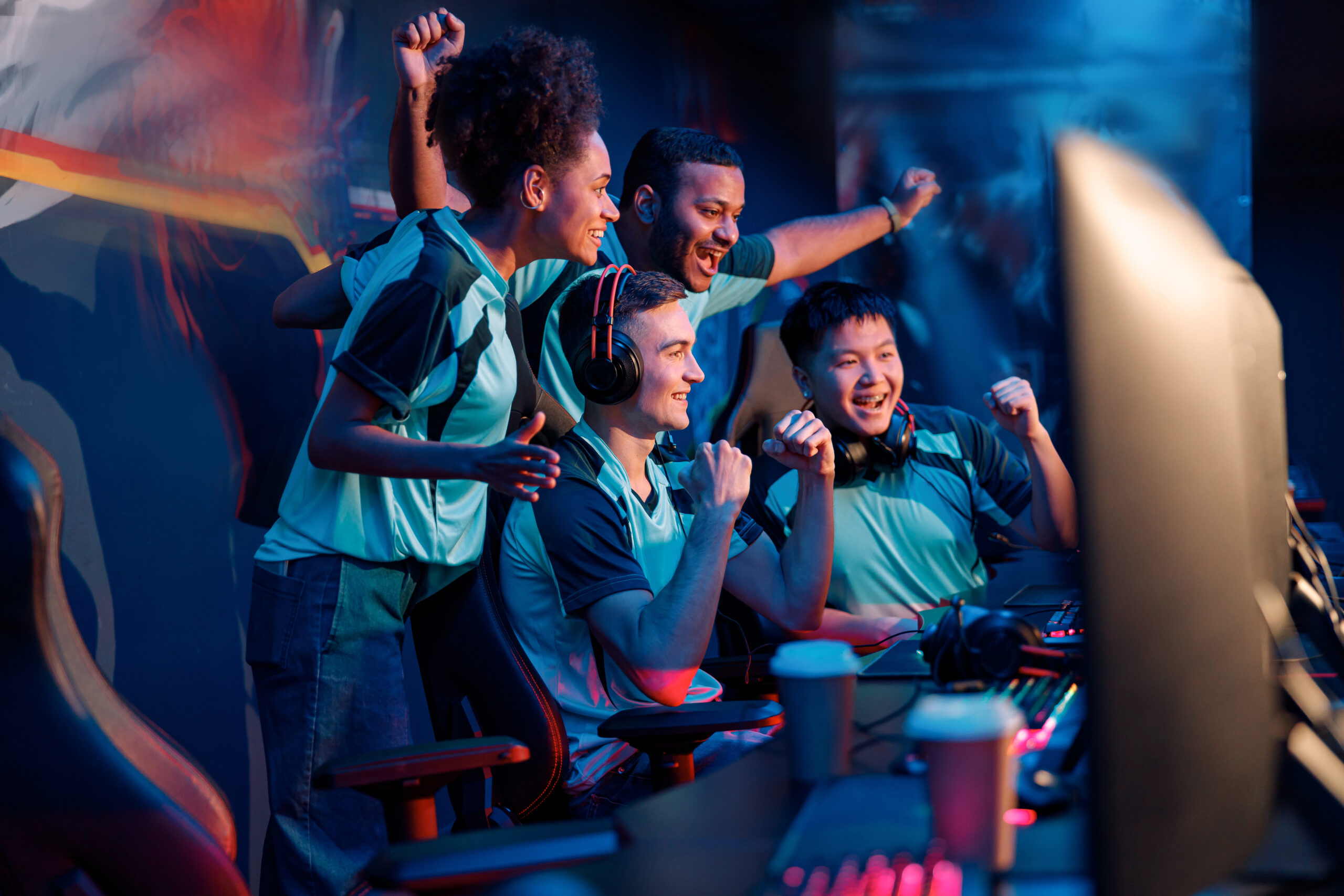 Team Of Professional Cybersport Gamers Celebrating