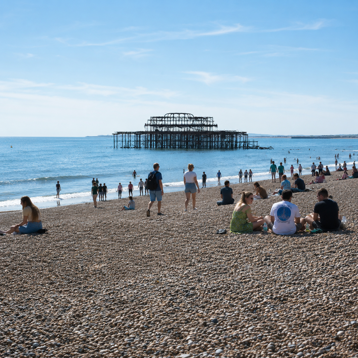 People on Brighton beach overlooking the west pier