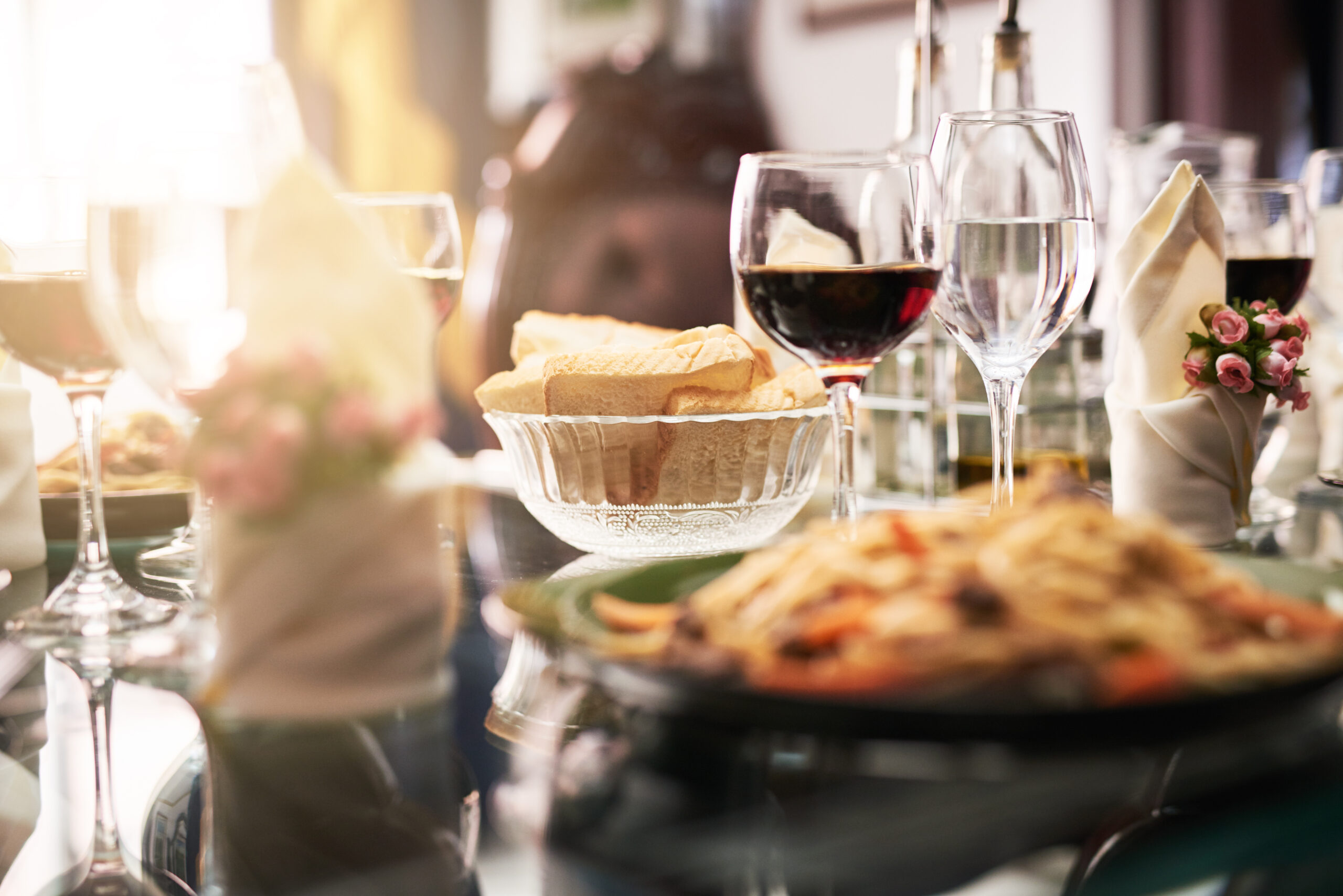 Elegant Table Setting With Pizza Bread And Wine