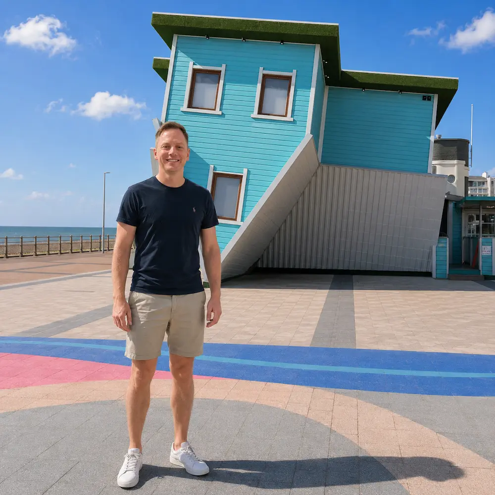 Dave King outside the Upside Down House on Brighton seafront