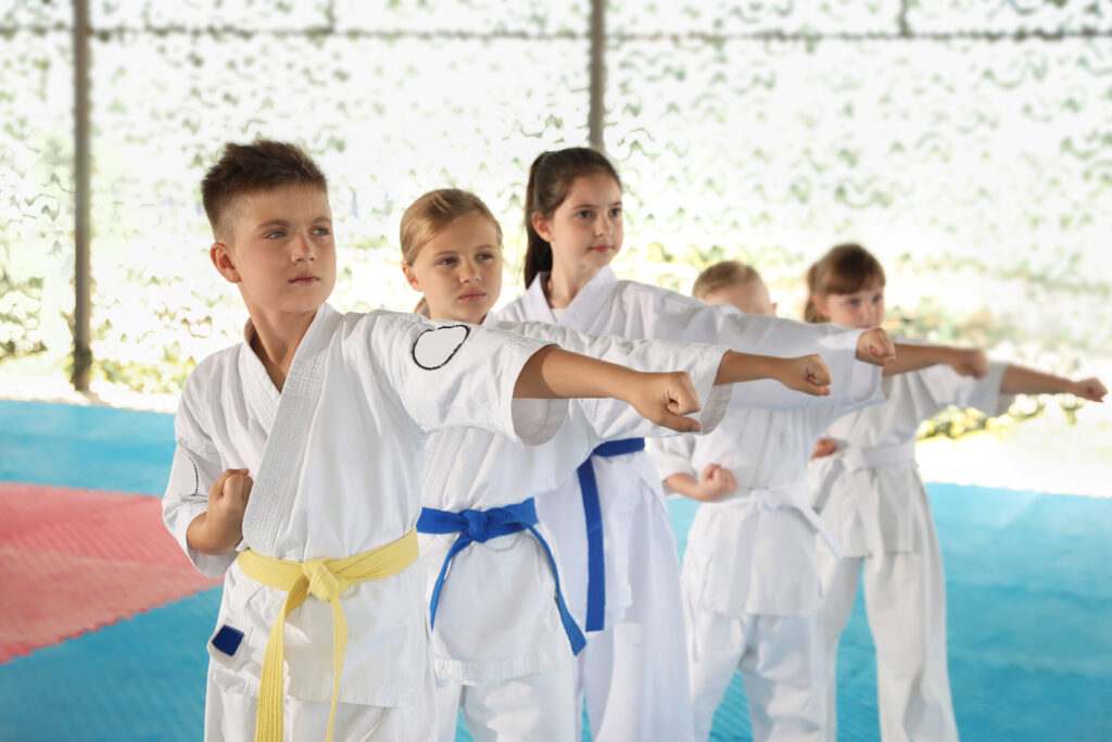 Children in kimono practicing karate